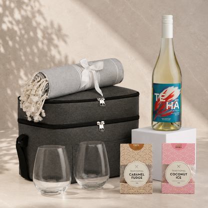 Uncork & Unwind housewarming wine gift hamper – white wine set with Te Ha Sauvignon Blanc, Krosno stemless glasses, grey cooler bag, Turkish towel, caramel fudge and coconut ice