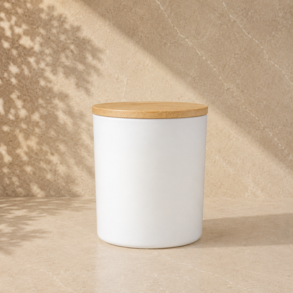 White vanilla soy candle with bamboo lid — part of A Little Calm at Home gift hamper by The Gifting Pantry