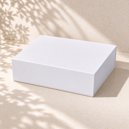 White magnetic-close gift box — A Little Calm at Home relaxation hamper packaging by The Gifting Pantry