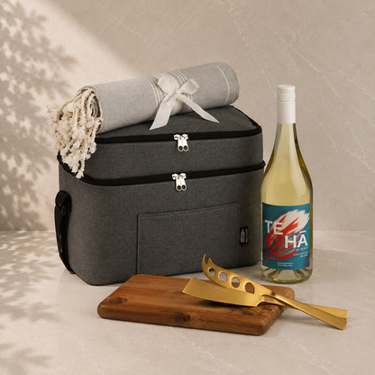 The Long Afternoon gift hamper — grey cooler bag, white wine, wooden serving board, gold cheese knives and Turkish towel