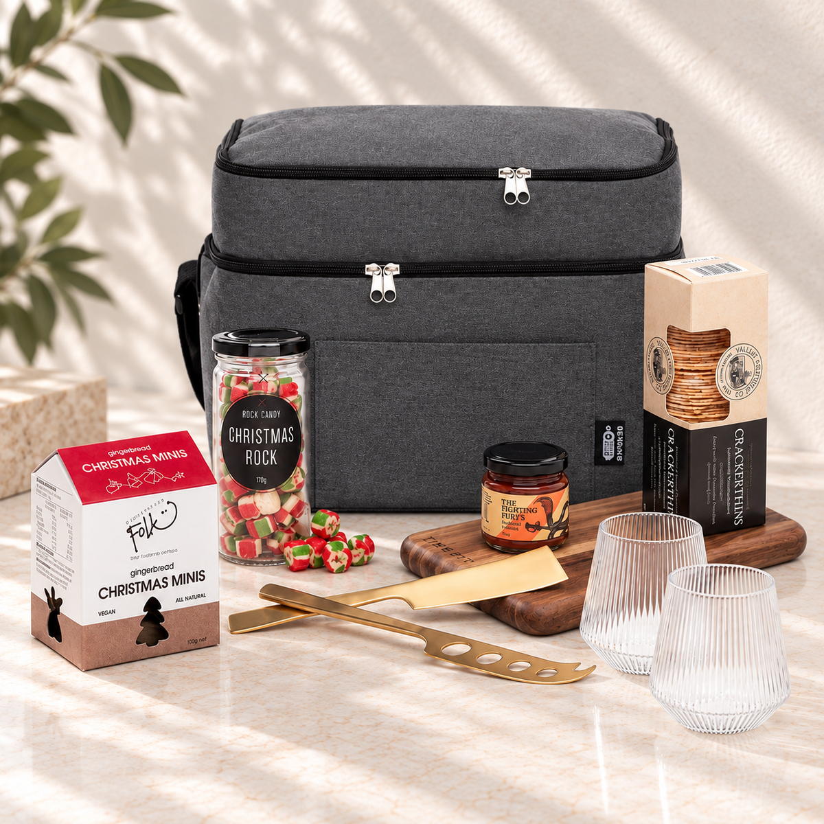 Christmas, All Together gift hamper with serving board, cheese knives, crackers, relish and festive sweets