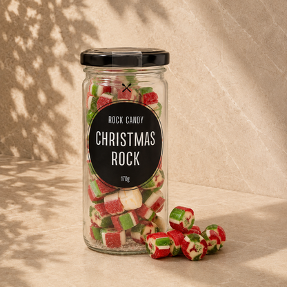 Christmas Mint Rock 170g, handmade Australian candy in a glass travel jar