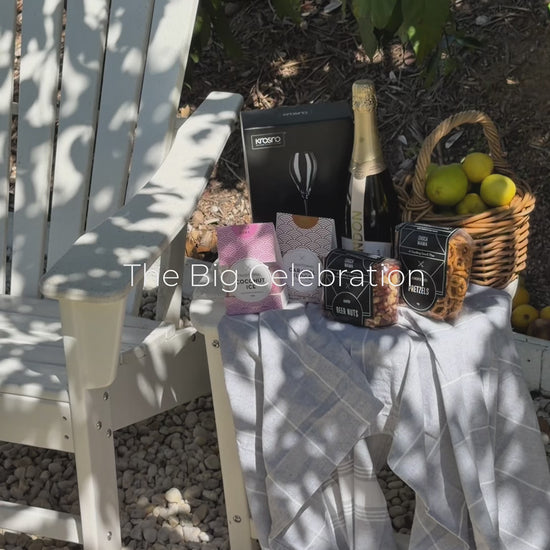 The Big Celebration luxury gift hamper unboxing video – Chandon sparkling wine, Krosno champagne flutes, Chocamama treats and Turkish towel in grey cooler bag