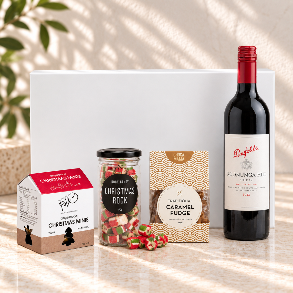 Something for the Season Christmas gift hamper with Penfolds Shiraz, Christmas Rock, gingerbread minis and caramel fudge