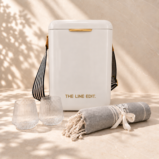 The Summer Duo gift hamper with a cream Pavilion cooler, two fluted Velora tumblers and a rolled grey Turkish towel