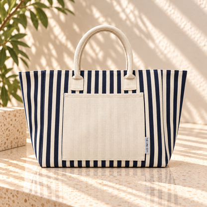 The Line Edit Hampton tote in navy stripe with a cream canvas front pocket, standing in soft afternoon light