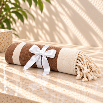 Tan and cream striped Turkish towel with a knotted fringe, rolled and tied with a white satin ribbon